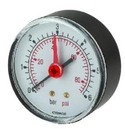 Pressure Gauge GGE 250 001 50mm Dial, 0-6ar, ¼ MSP ack Inlet Connection. Specification: Case: Impact resistant S. Window: Shatter resistant acrylic with adjustable red pointer. Connection: rass.