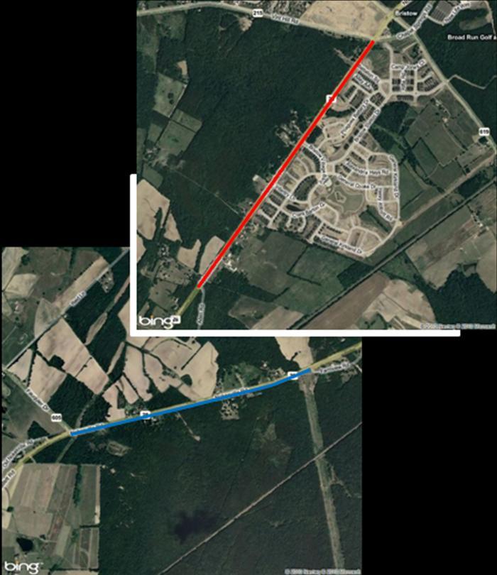 Figure 4. Aerial Images. VA-28 separated high-crash (red) and low-crash (blue) road segments. (Source: www.bing.