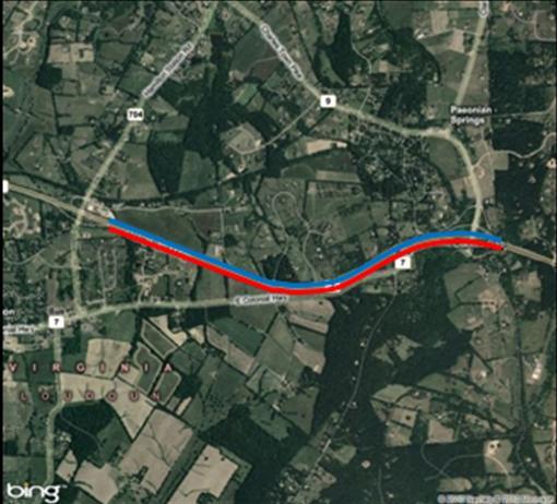 Figure 5. Aerial Image. VA-7 Opposing Direction High-Crash (Red) and Low-Crash (Blue) Road Segments. (Source: www.bing.