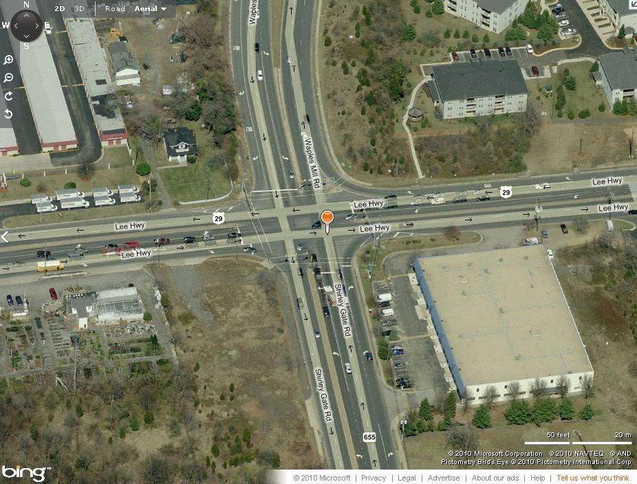 Figure 8. Aerial Image. Lee Hwy at Waples Mill Rd and Shirley Gate Rd (node 277764). This intersection served as a high-crash intersection in the analysis. (Source: www.bing.