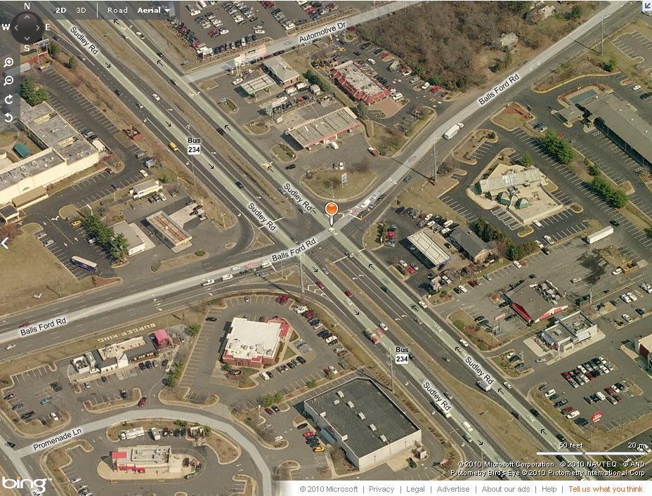 Figure 10. Aerial Image. Balls Ford Rd at Sudley Rd. This intersection served as a lowcrash intersection during analysis. (Source: www.bing.