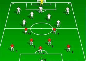 Play 8v8 with specific formations for each team.