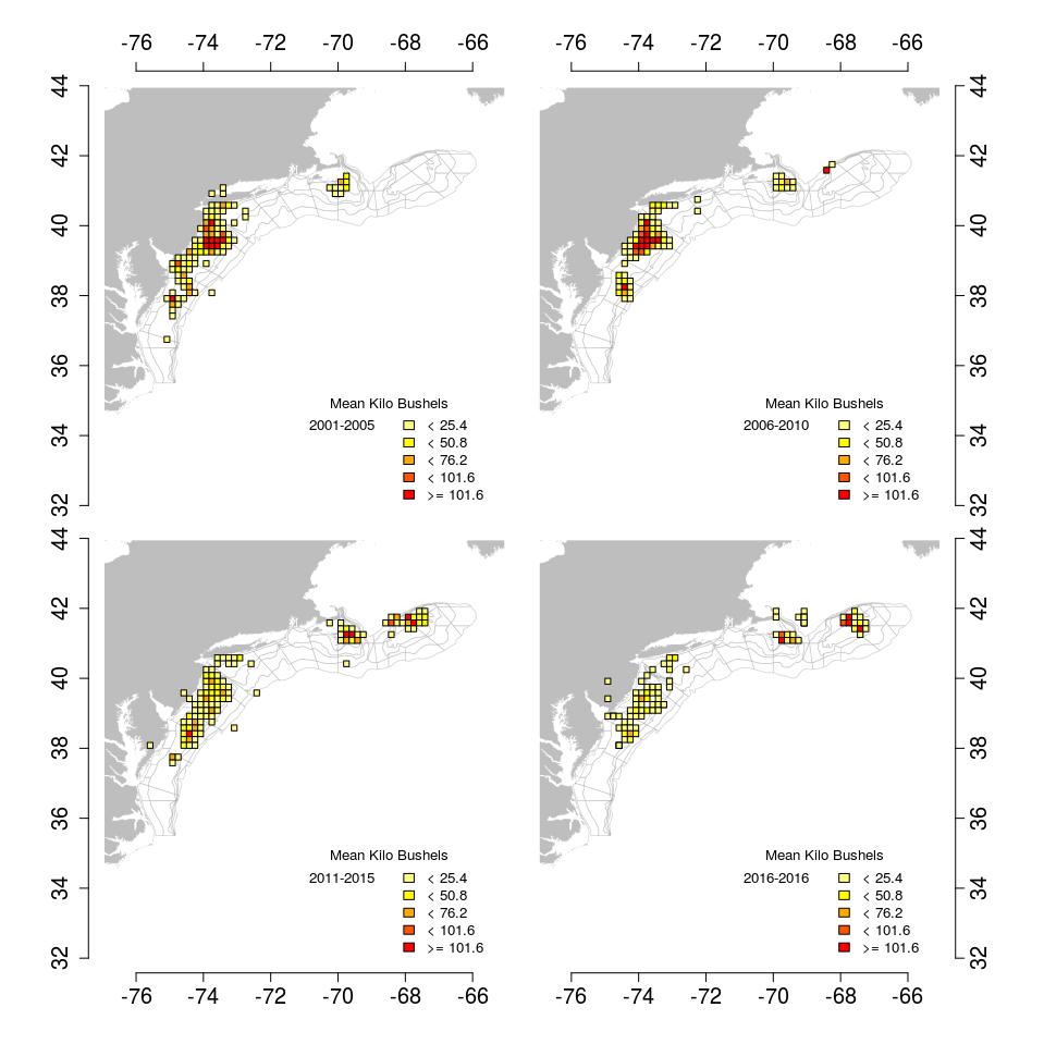 Figure 9. Average surfclam landings by ten-minute squares over time, 2001-2015, and preliminary 2016.