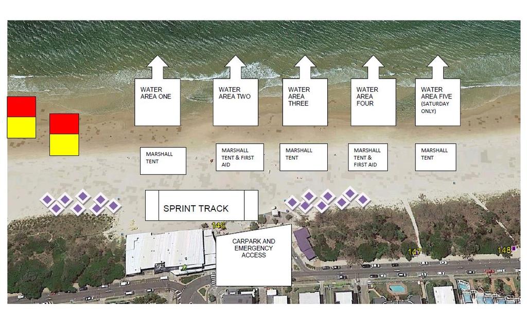 BEACH LAYOUT 1. Junior March Past 2. Open Female Beach Flags 3. Open Female Beach Sprint 4. Open Female Ironwoman 5. Open Female Surf Board 6. Open Female Surf Board 7. Open Female Surf Race 8.