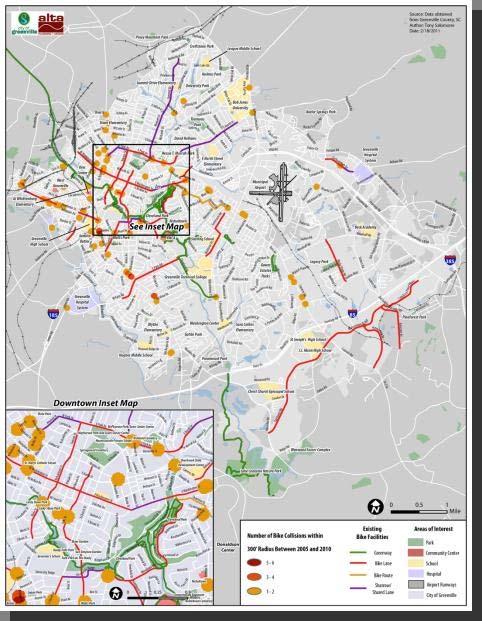 Bicycle Crash Analysis (2005-2010):GPD and SCDPS 65 reported collisions 2 fatalities 60% fault of bicyclists Mostly on arterials Concentrated in