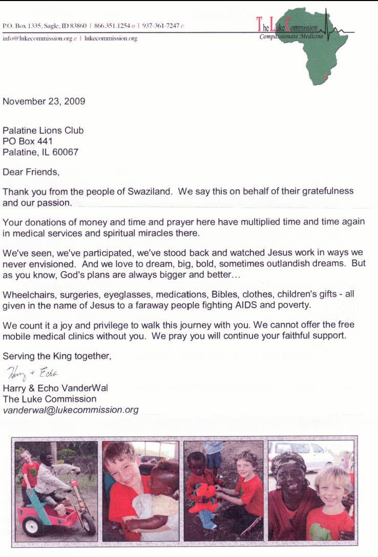 Page 4 Lions Roar The following letter was recently received from The Luke Commission. This is the group that is lead by two Grant Township Lions members.