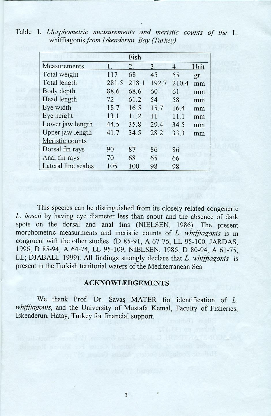 Table 1. Morphometric measurements and meristic counts of the L. whiffiagonisfrom skenderun Bay (Turkey) Fish Measurements 1. 2. 3. 4. Unit Total weight 117 68 45 55 gr 281.5 218.1 192.7 210.