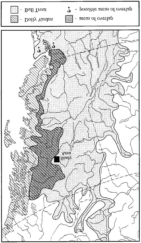 Figure 9. The parapatric species distributions of Dolly Varden (stipled), Bull Trout (shaded), and their overlap (stipled-shaded) in western Canada. Sourced from Baxter et al. (1997).