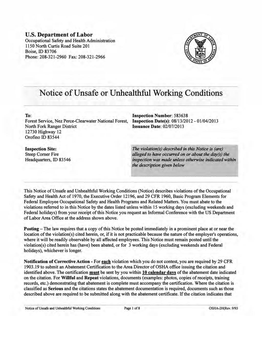 1150 North Curtis Road Suite 201 Boise, ID 83706 Phone: 208-321-2960 Fax: 208-321-2966 Notice of Unsafe or Unhealthful Working Conditions To: Forest Service, Nez Perce-Clearwater National Forest,
