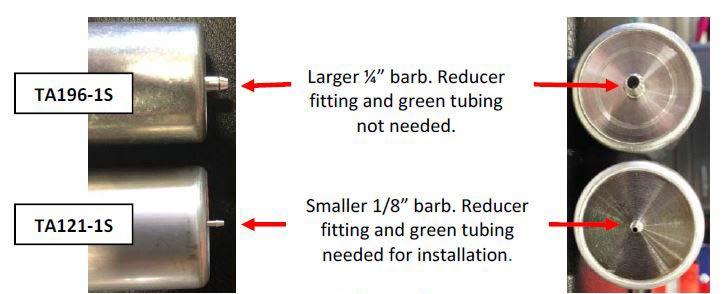 This will determine if F0516 1 reducer fitting, TU055 011 1.1 (2.79cm) green tubing, and TU055 034 3.5 (8.89cm) green tubing are also required for installation. Figure 2 2.2.1. If original mixing tank was equipped with larger ¼ (.