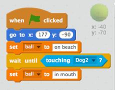 Now the dog can walk to the tree and to the ball. This looks pretty good until the dog walks pass the ball. The tree stays at the left side of the screen, whereas the ball is still moving to the left.