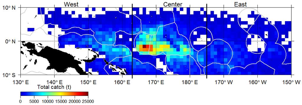 Figure 1. Total catch of skipjack, bigeye and yellowfin tuna in the Western and Central Pacific Ocean between 2011 and 2016 derived from observer data. 2.2. Analysis of factors related to the occurrence of bigeye tuna in purse seine catches 2.