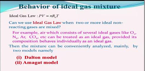 So if you look at the behavior of the ideal gas mixture we can use the ideal gas law and by the which is nothing but PV is equal to nr ut and which we have already discussed extensively and question