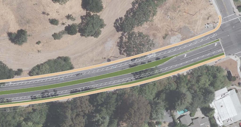 The original road diet concept along Mount Diablo Boulevard, which would convert the existing street cross-section from two lanes in each direction to one lane in each direction with a continuous