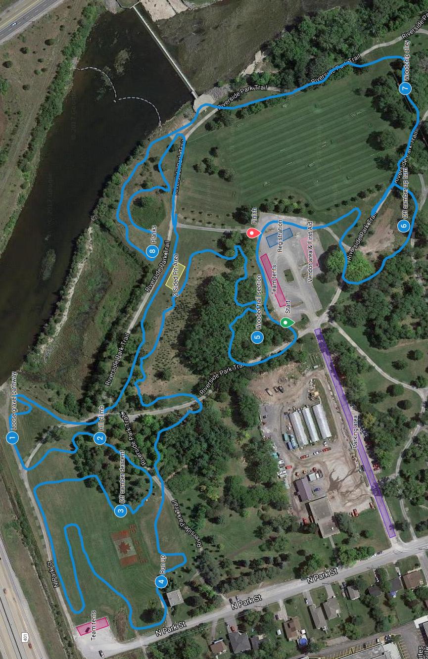 Course map: Parking and tent locations are on the map. 1. Loose gravel pathway 5.