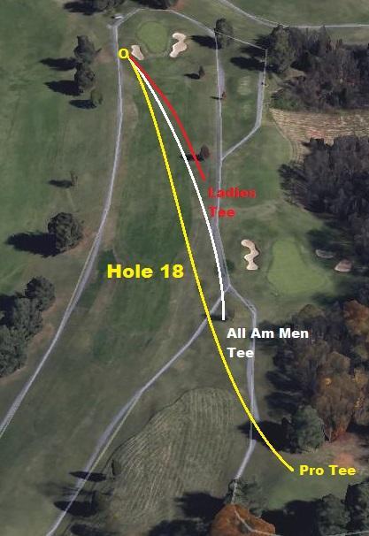 Hole 18 is a long Par 5. If you reach the green in 2, regardless of which tee, you have accomplished something. The biggest challenge, besides the distance, is the slope of the fairway.