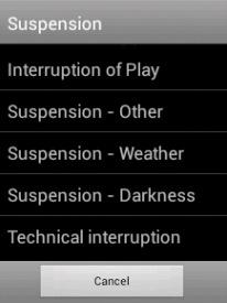 H. INTERRUPTING OR SUSPENDING A MATCH Once the match has started, the Start Match button turns red and changes to Stop Match. This function can be used for either interrupting or suspending a match.