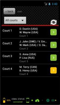 To find your match more easily, you can filter the list by tapping the All Courts button and selecting the relevant court. Press the coloured arrow next to the relevant match to select it.