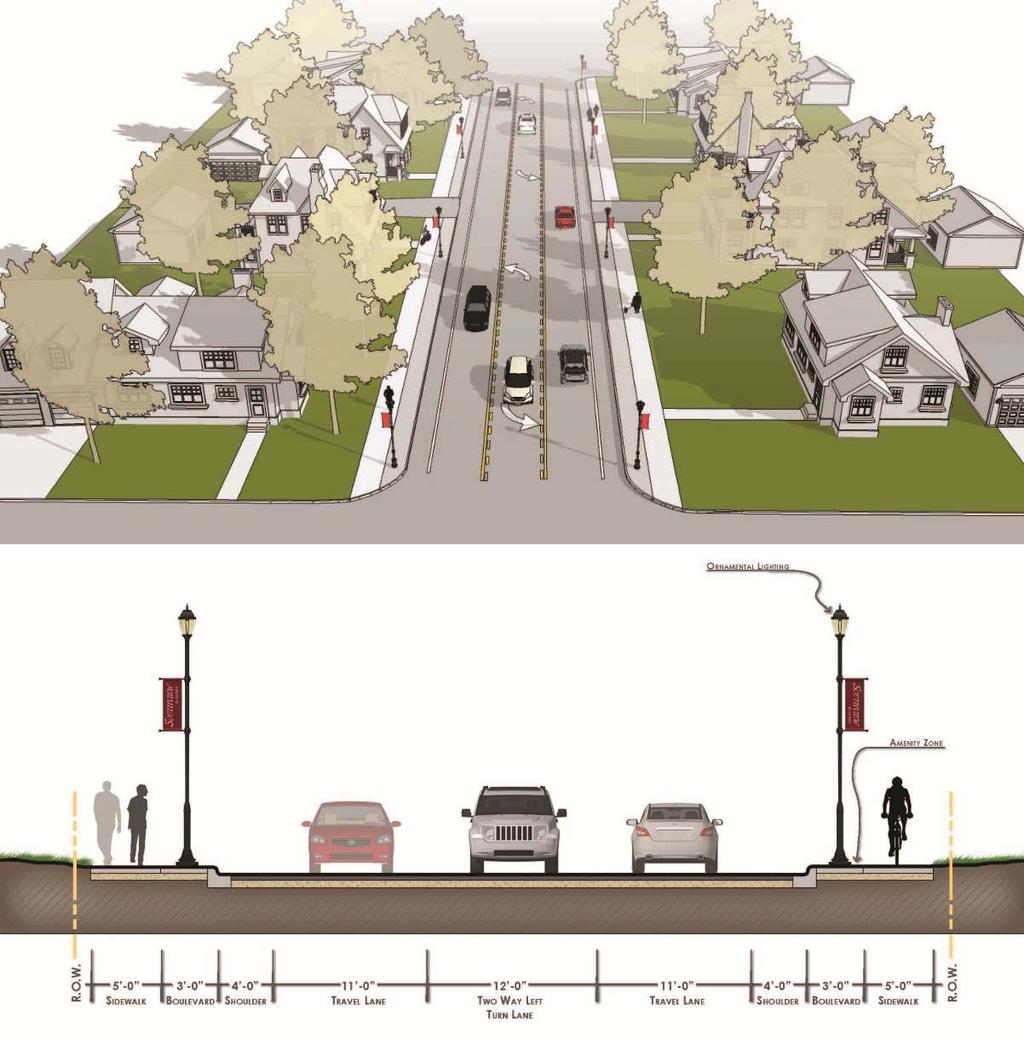 Page 24 The following 3-lane design concept from 20 th Avenue to 15 th Avenue eliminates the 10-foot parking lanes provided within the existing corridor concept and instead provides a center