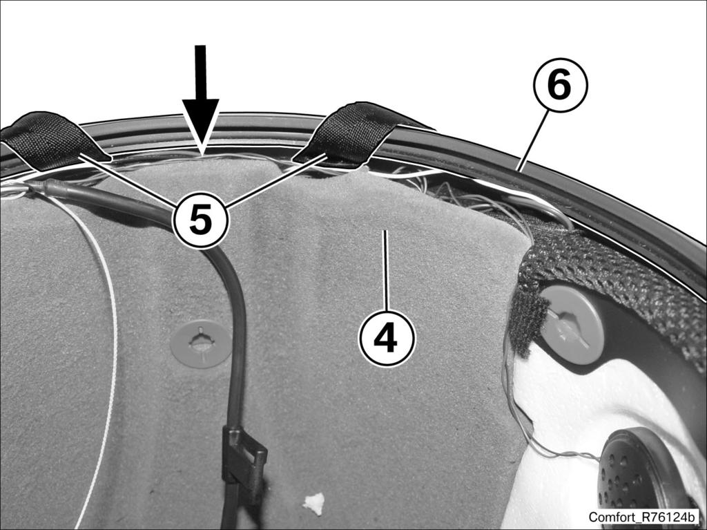 Slide excess cable length (speaker cable and battery pack connection cable) up beneath the neck straps (5), between helmet shell (6) and EPS head pad