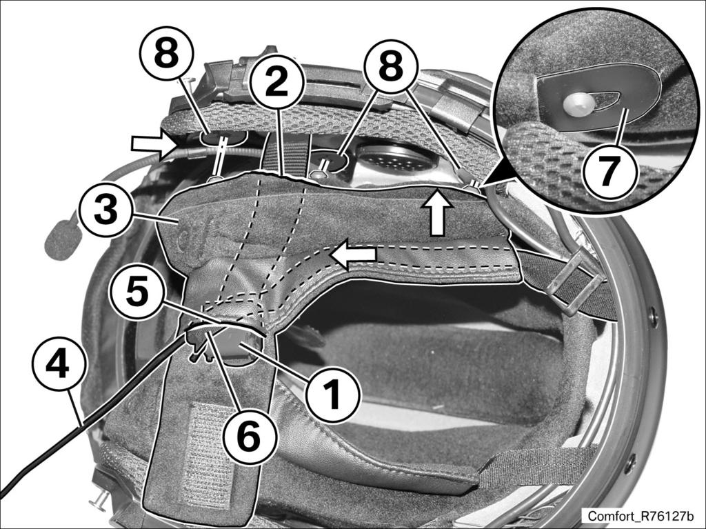 22 Install cheek pads on both sides Insert the chin strap (1) through the opening (2) in the cheek pad (3).