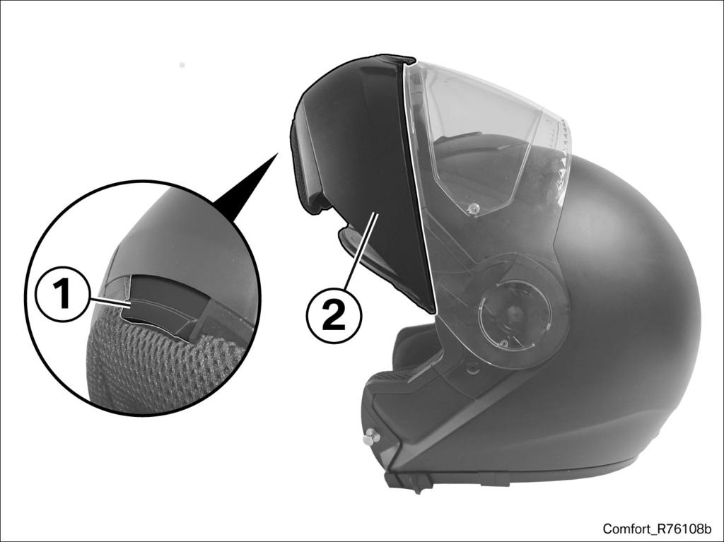 Turn visor (1) toward rear and remove.