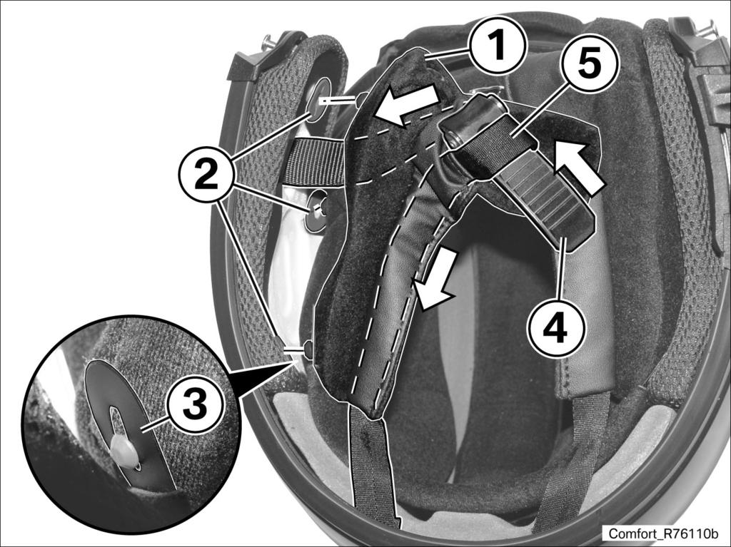 4 Remove the cheek pads on both sides Extract the cheek pads (1) from the snap-fasteners (2) by pulling toward inside of helmet.
