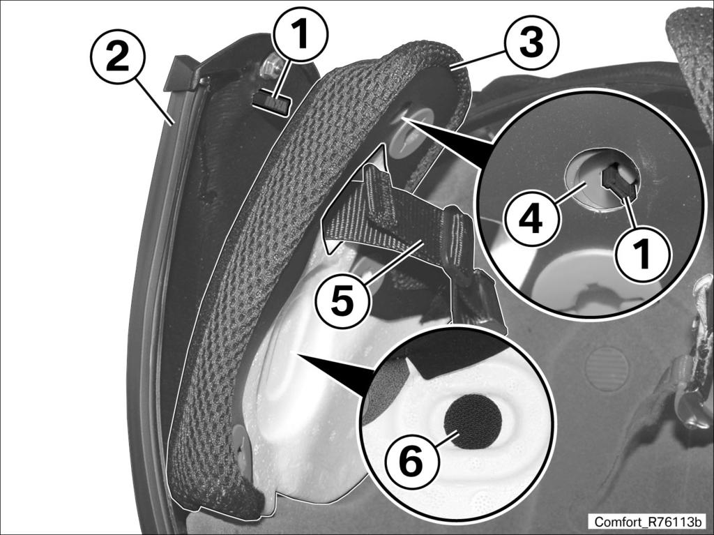 Remove the head pad (4) while carefully detaching the Velcro strip (5) at the center brace.