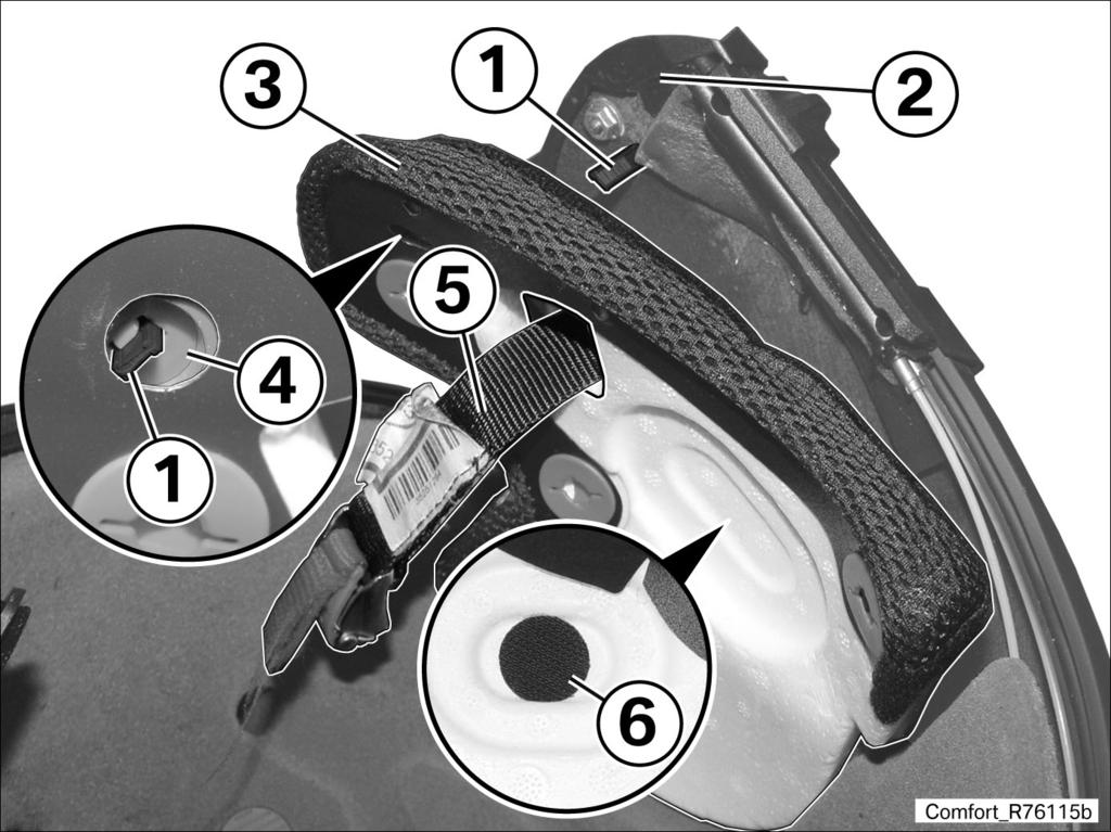 suitable tool between the helmet shell (2) and the EPS cheek pad (3), the pry the lock strap (1) out of the lock plate (4).