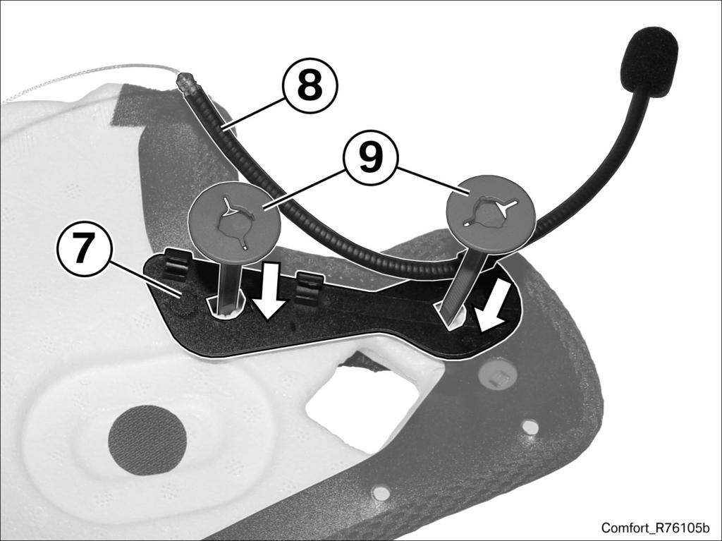Remove lock straps (3) with backplates (5) and (6). Place microphone bracket (7) against EPS cheek pad.