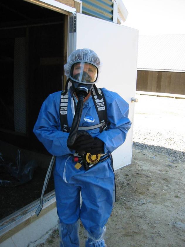 Personal protective equipment essential Protective suit, gloves, hair covering, goggles, N95 or greater, boots Increases difficulty of operation Decreases endurance and performance For any gassing