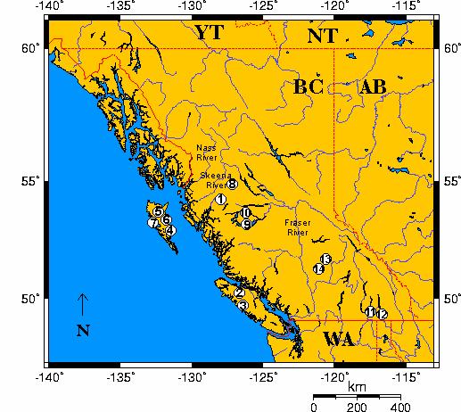 11 Figure 2. Location of Oncorhynchus mykiss sample sites from British Columbia, Canada, where DNA samples were obtained. All populations, save the Kitimat, are known to be wild.