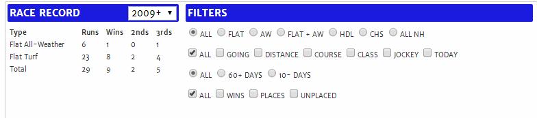 Here is a more detailed look at the Race Record and Filters area: The left hand side of the display shows the summary performance for the horse/trainer/jockey in the time period listed.