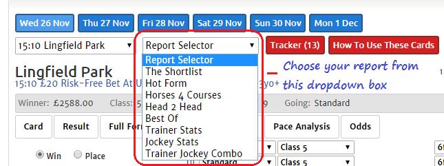 Reports The Geegeez racecards have a suite of reports, to which new ones are added on a periodic basis. Reports can be accessed via the dropdown on the main Racecards page, and open in a new window.