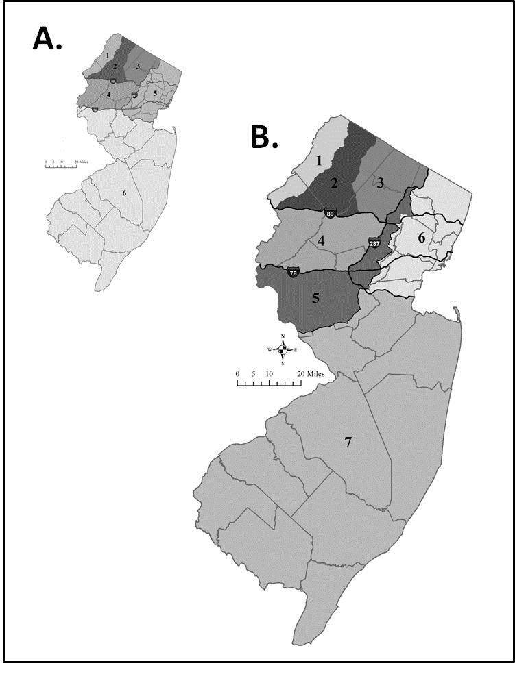 Figure 3. (A) Zone boundaries designated in the 2012 Game Code. (B) Current boundaries of the 7 Black Bear Management Zones (BMZ) in New Jersey.