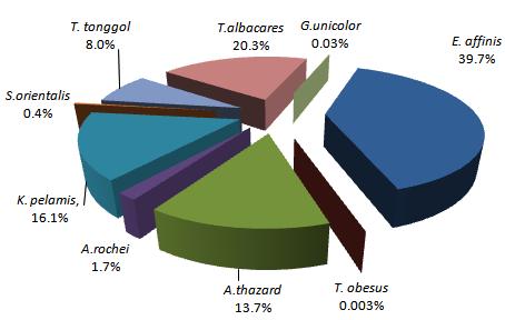 The increase was due to the increased landings of all neretic tuna species except that of the little tuna/kawakawa. Species composition: Fig 3.