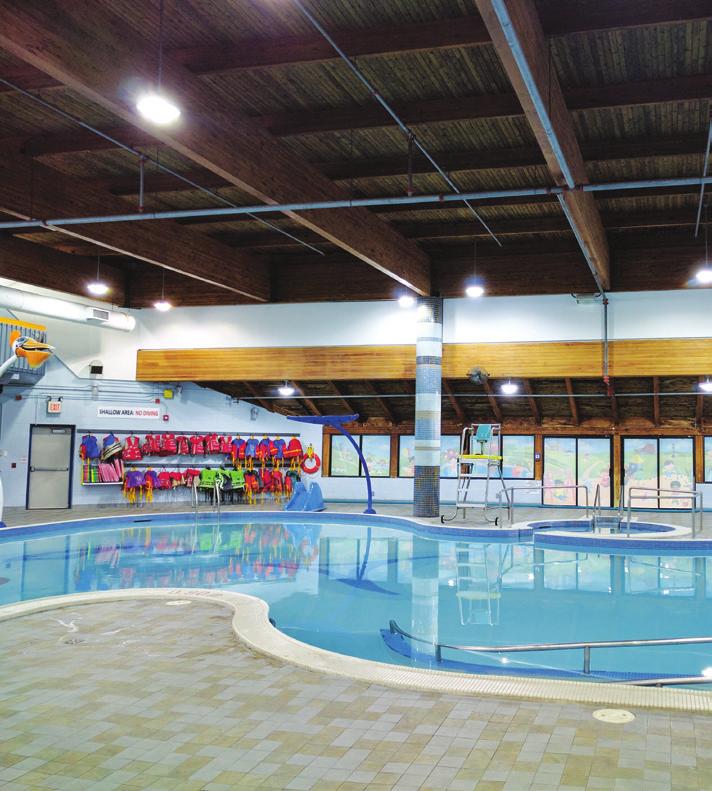 Swim: For up-to-date lesson times, locations and fees, and to register, visit www.brampton.ca or 1.97 metres deep in shallow end 3.5 metres deep in deep end Sauna and hot tub on pool deck Slide 0.
