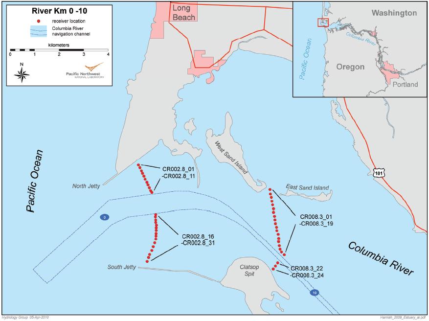 3) and Astoria Bridge (CR022.0) and locations of single receivers in Grays Bay (CR034.