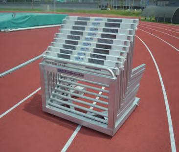 10520 The hurdle cart for 40 hurdles is made from aluminium. The cart measures a width of 1.2 m. The length of it is approximately 4.20 m.