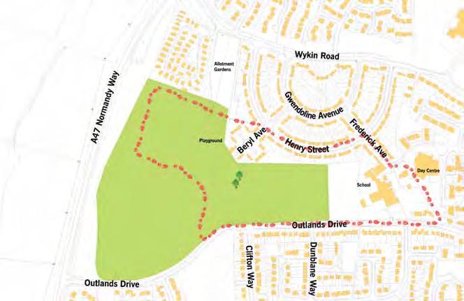 At the fork in the path, turn left and then at the next fork turn right and walk past the BMX track. Follow the path round to the right beside the housing development to join Outlands Drive.
