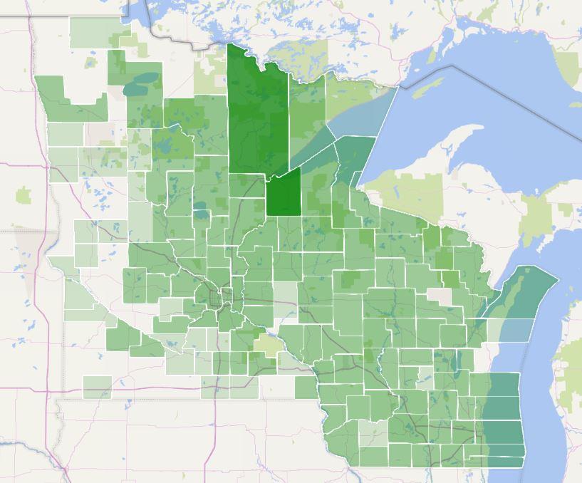 Density Map Minnesota & Wisconsin Counties: 2017 January