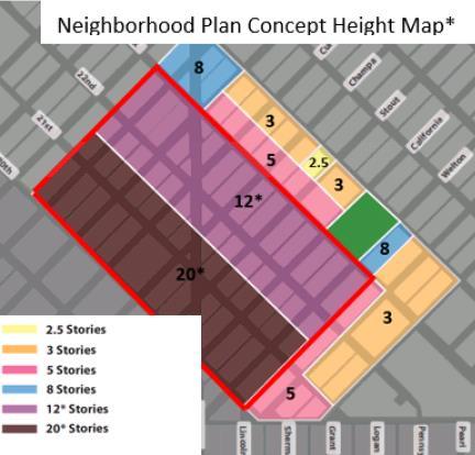 Proposed Zone Districts Downtown Arapahoe Square 12+ (D-AS-12+)* Northeastern area closest to Curtis Park 8 story base, 12+ with limited parking visibility, 20+ as Point Tower Downtown Arapahoe