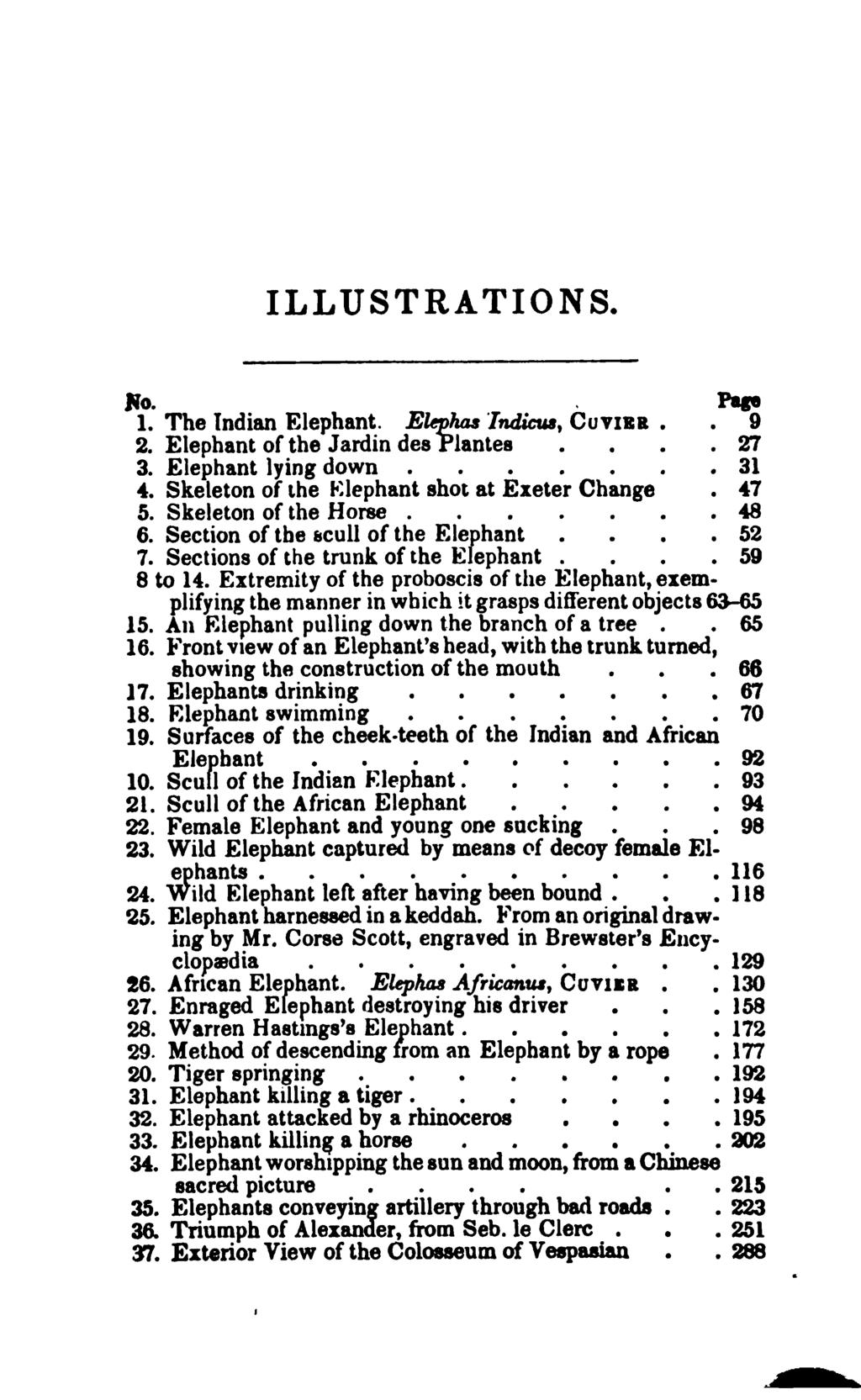 ILLUSTRATIONS. No. Page 1. The Indian Elephant. Elephas Indicus, CoviER.. 9 2. Elephant of the Jardin des Plantes....27 3. Elephant lying down 31 4. Skeleton of the Klephant shot at Exeter Change.