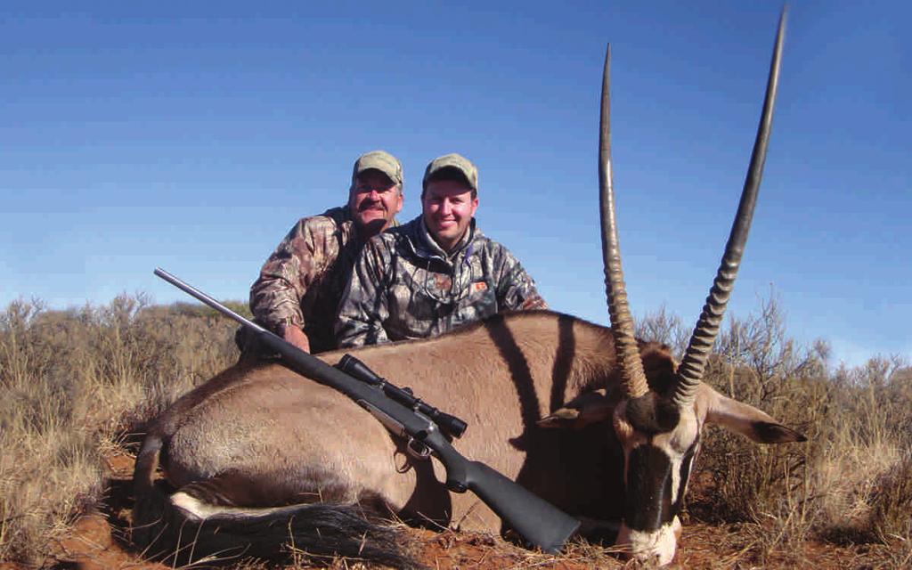 Bottom row, left to right: Craig and his gemsbok bull, Stan with his mature impala, Craig made a long shot to take this mature blesbok.