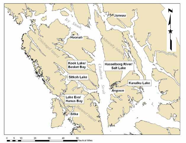 Figure 1. Map of Southeast Alaska showing the location of Kanalku, Kook, and Sitkoh Lakes, Lake Eva, Hasselborg River, and the village of Angoon.