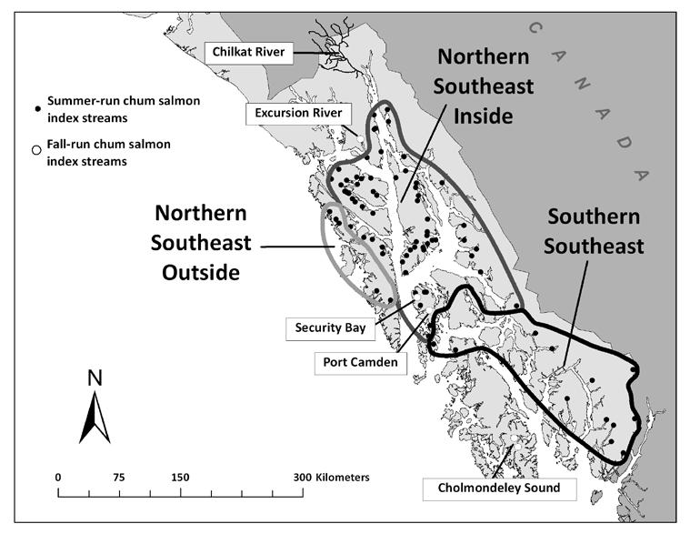Southeast Alaska summer-run chum salmon index streams were grouped into three stock groups that comprise aggregates of index streams across broad subregions (Eggers and Heinl 2008).