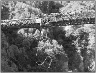 Q19. Tom is doing a bungee jump from a bridge. He is attached to one end of an elastic rope. The other end of the rope is attached to the bridge. Tom jumps from the bridge.