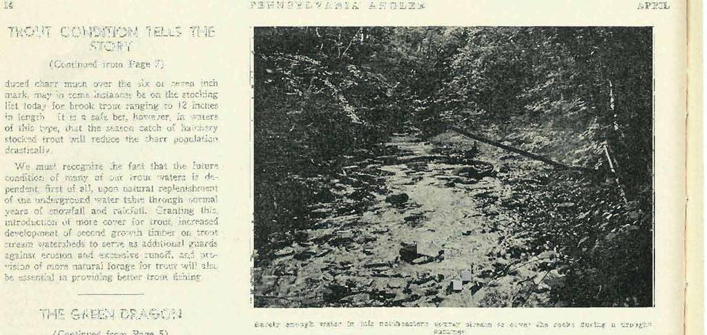 14 PENNSYLVANIA ANGLER APRIL TROUT CONDITION TELLS THE STORY (Continued from Page 7) duced charr much over the six or seven inch mark, may in some instances be on the stocking list today for brook