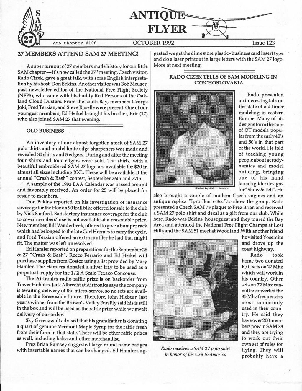 AMA Chapter #108 OCTOBER 1992 Issue 123 2 MEMBERS ATrEND SAM 2 MEETING! A supertumout of 2 members made history for our little SAM chapter-it's now called the 2 2 meeting.