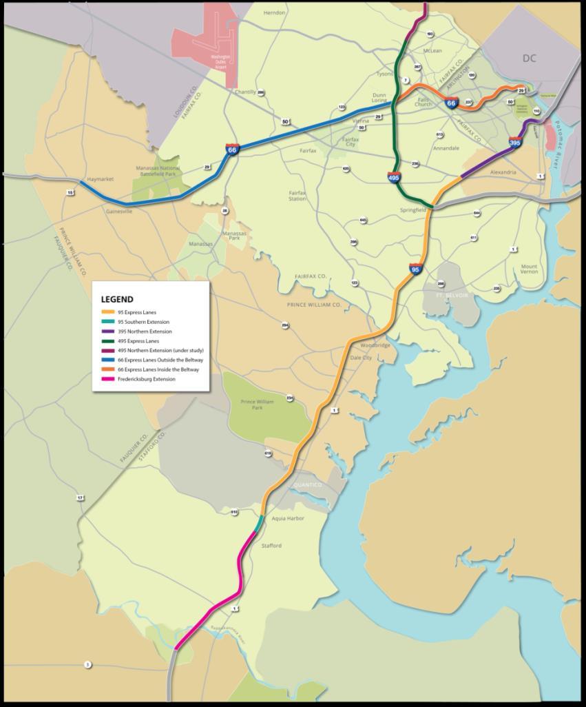 Express Lanes Network By 2022, a 90-mile network in Northern Virginia: 95 and 495 Express Lanes (Transurban) 395 Express Lanes (Open Fall 2019, Transurban) Extends 8 miles north to D.C. line.
